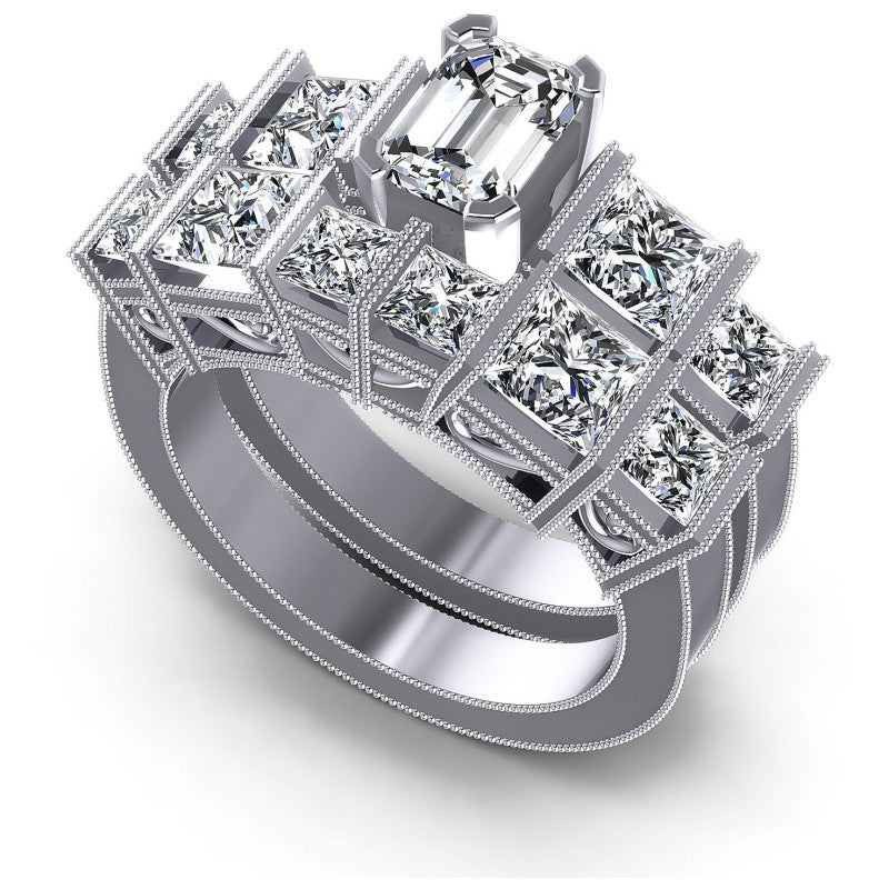 Emerald And Princess Cut Diamonds Bridal Set in 14KT White Gold
