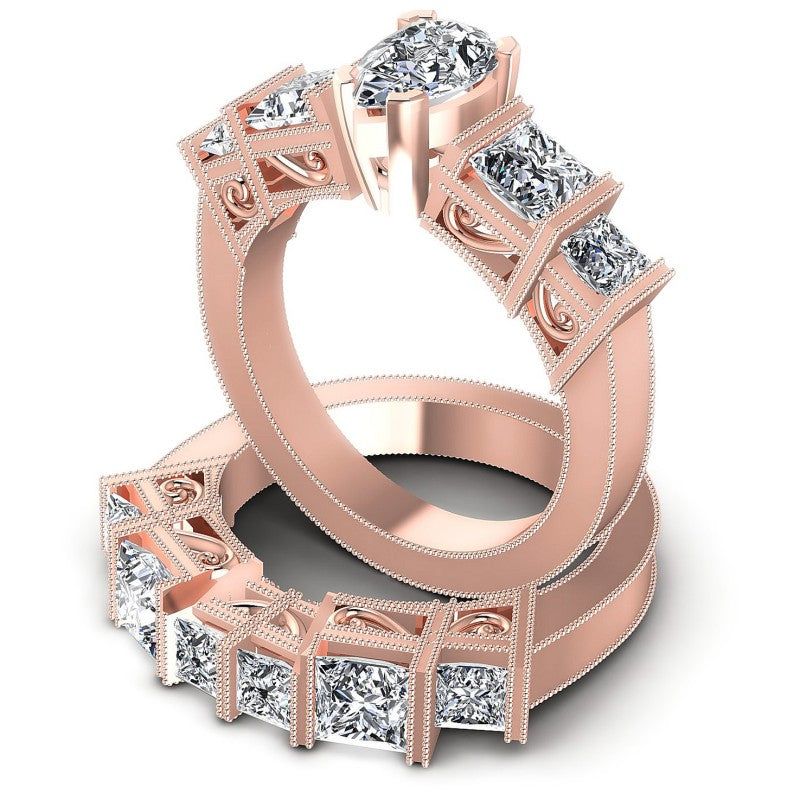 Princess And Pear Cut Diamonds Bridal Set in 18KT Rose Gold