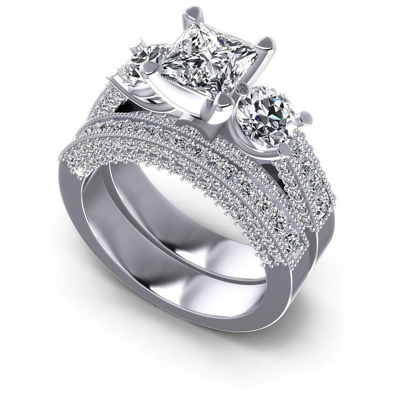 Princess And Round Cut Diamonds Bridal Set in 14KT White Gold