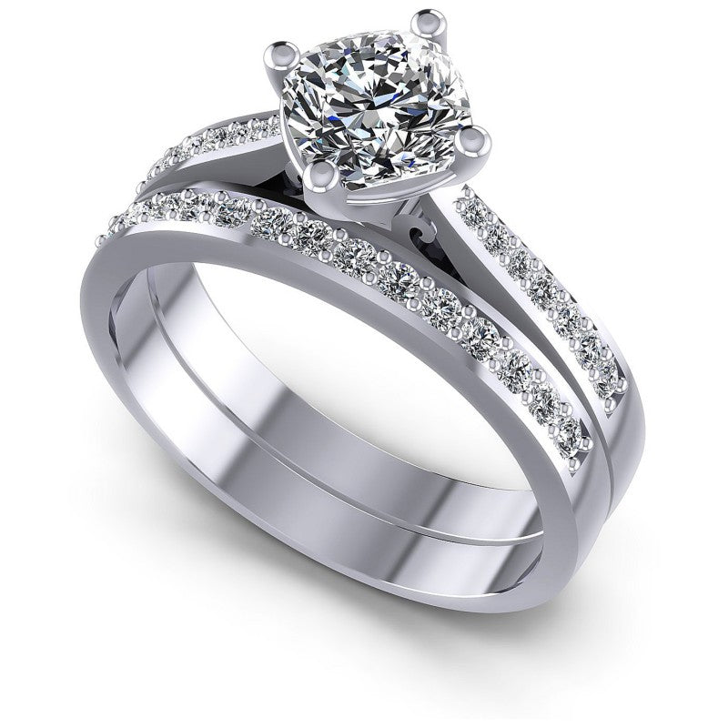Cushion And Round Cut Diamonds Bridal Set in 14KT White Gold