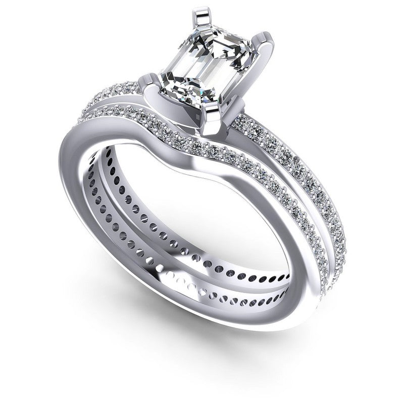 Emerald And Round Cut Diamonds Bridal Set in 14KT White Gold