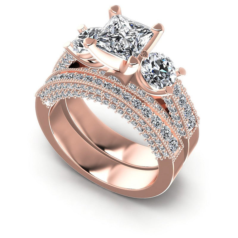 Round And Princess Cut Diamonds Bridal Set in 18KT White Gold