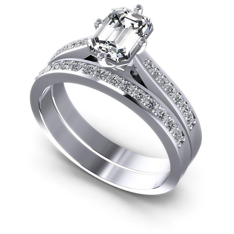 Emerald And Round Cut Diamonds Bridal Set in 14KT White Gold
