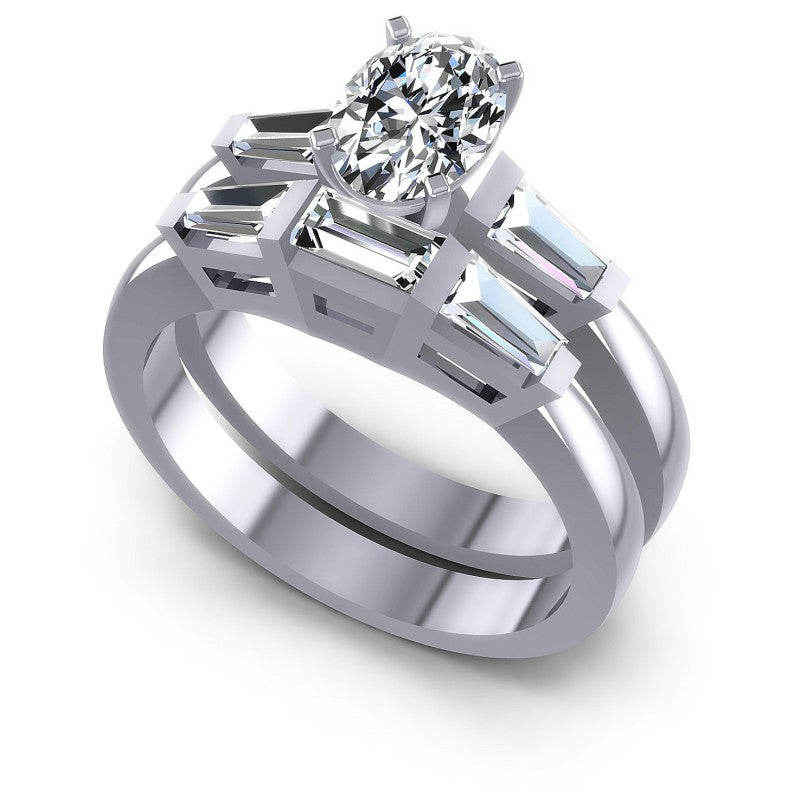 Oval And Baguette Cut Diamonds Bridal Set in 14KT White Gold