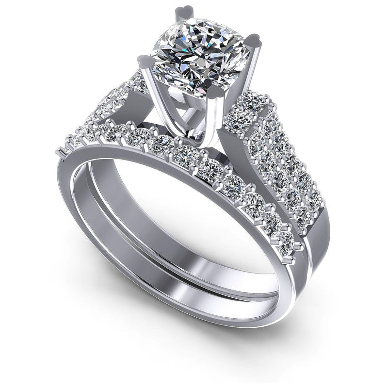 Cushion And Round Cut Diamonds Bridal Set in 14KT White Gold