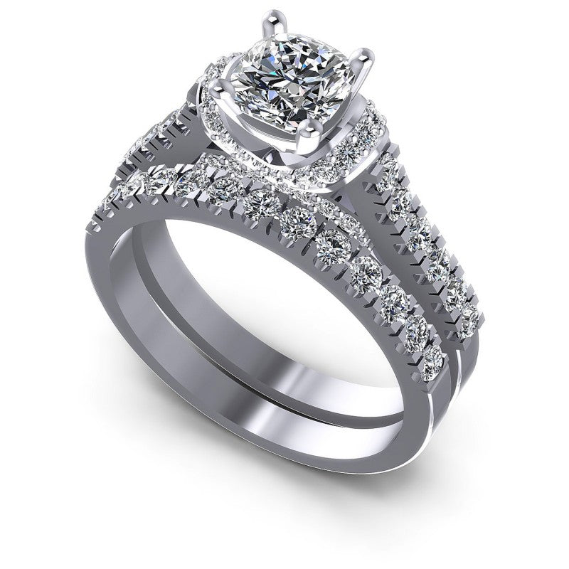 Cushion And Round Cut Diamonds Bridal Set in 14KT White Gold