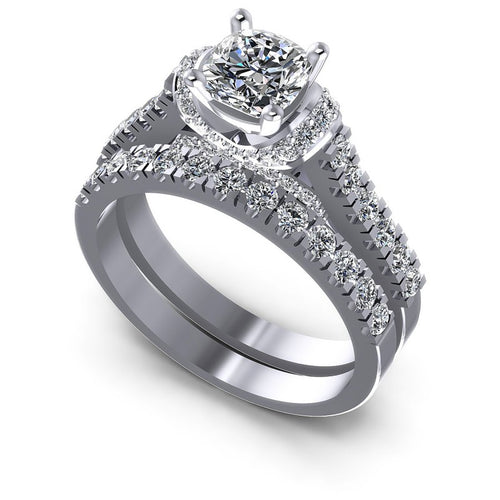 Cushion And Round Cut Diamonds Bridal Set in 14KT White Gold