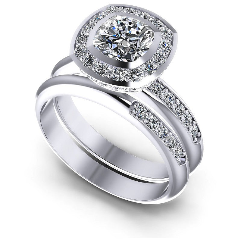 Cushion And Round Cut Diamonds Bridal Set in 14KT White Gold