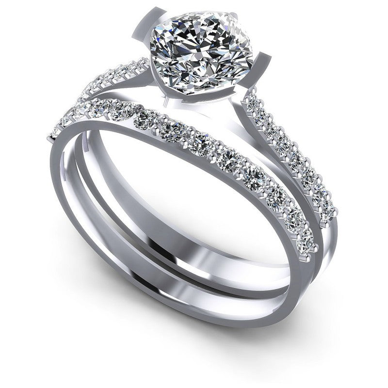 Cushion And Round Cut Diamonds Bridal Set in 14KT White Gold