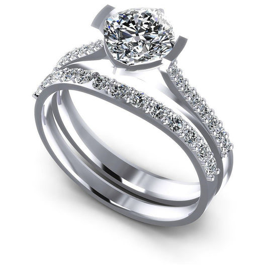Cushion And Round Cut Diamonds Bridal Set in 14KT White Gold