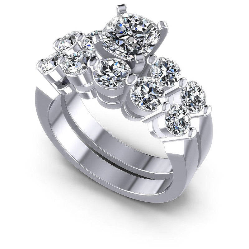 Cushion And Round Cut Diamonds Bridal Set in 14KT White Gold
