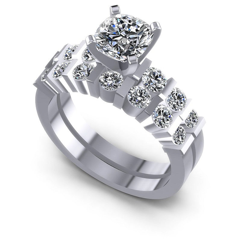 Cushion And Round Cut Diamonds Bridal Set in 14KT White Gold