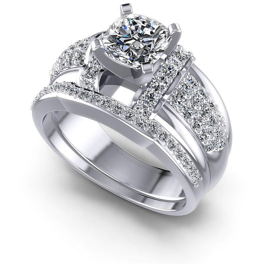 Cushion And Round Cut Diamonds Bridal Set in 14KT White Gold