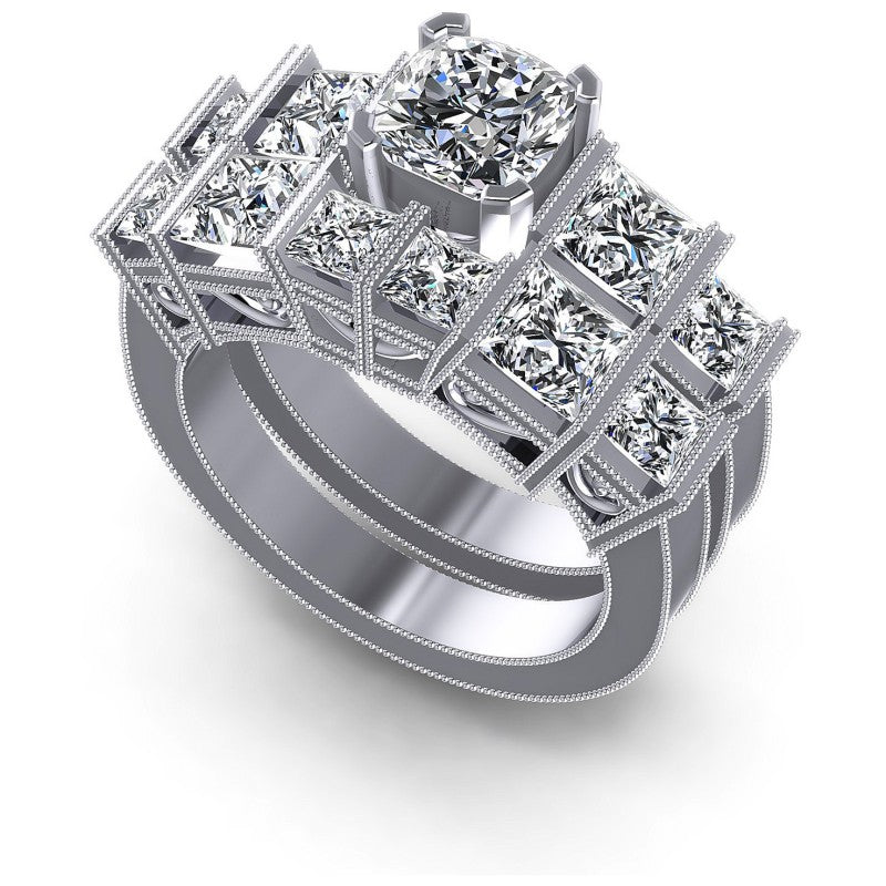 Cushion And Princess Cut Diamonds Bridal Set in 14KT White Gold