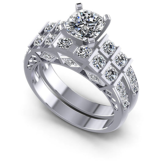 Cushion And Round Cut Diamonds Bridal Set in 14KT White Gold