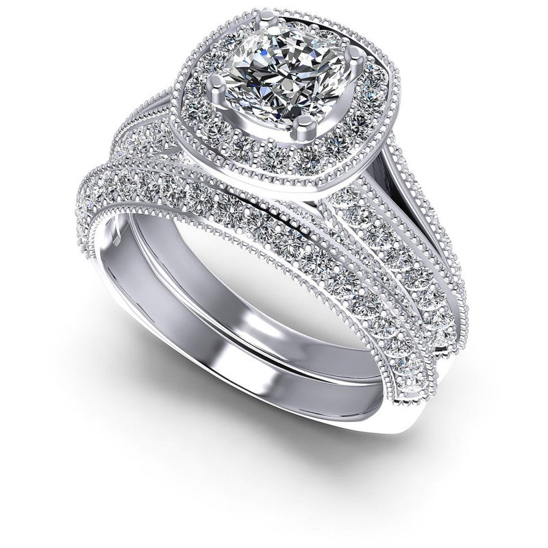 Cushion And Round Cut Diamonds Bridal Set in 14KT White Gold