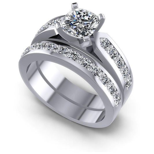 Cushion And Round Cut Diamonds Bridal Set in 14KT White Gold