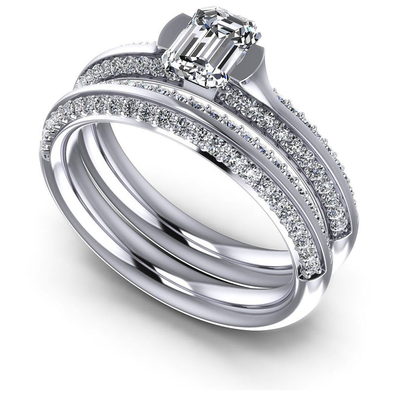 Emerald And Round Cut Diamonds Bridal Set in 14KT White Gold