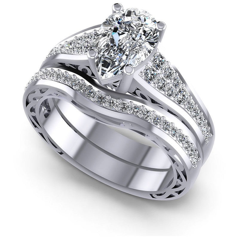 Pear And Round Cut Diamonds Bridal Set in 14KT White Gold