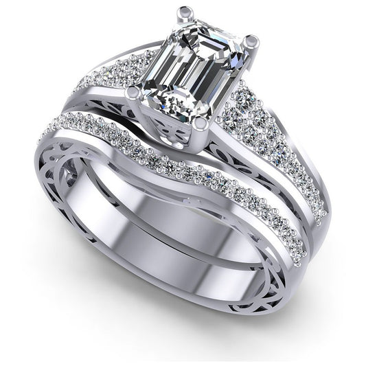 Emerald And Round Cut Diamonds Bridal Set in 14KT White Gold