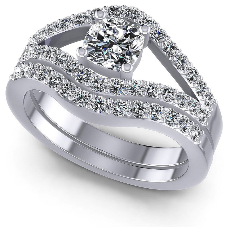 Cushion And Round Cut Diamonds Bridal Set in 14KT White Gold
