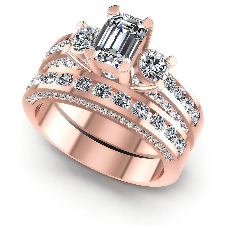 Round And Emerald Cut Diamonds Bridal Set in 18KT White Gold