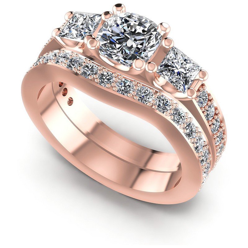Round And Cushion And Princess Cut Diamonds Bridal Set in 18KT White Gold