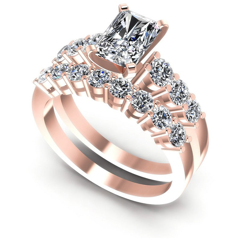 Round And Emerald Cut Diamonds Bridal Set in 18KT White Gold