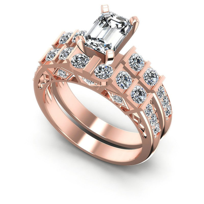 Round And Emerald Cut Diamonds Bridal Set in 18KT White Gold