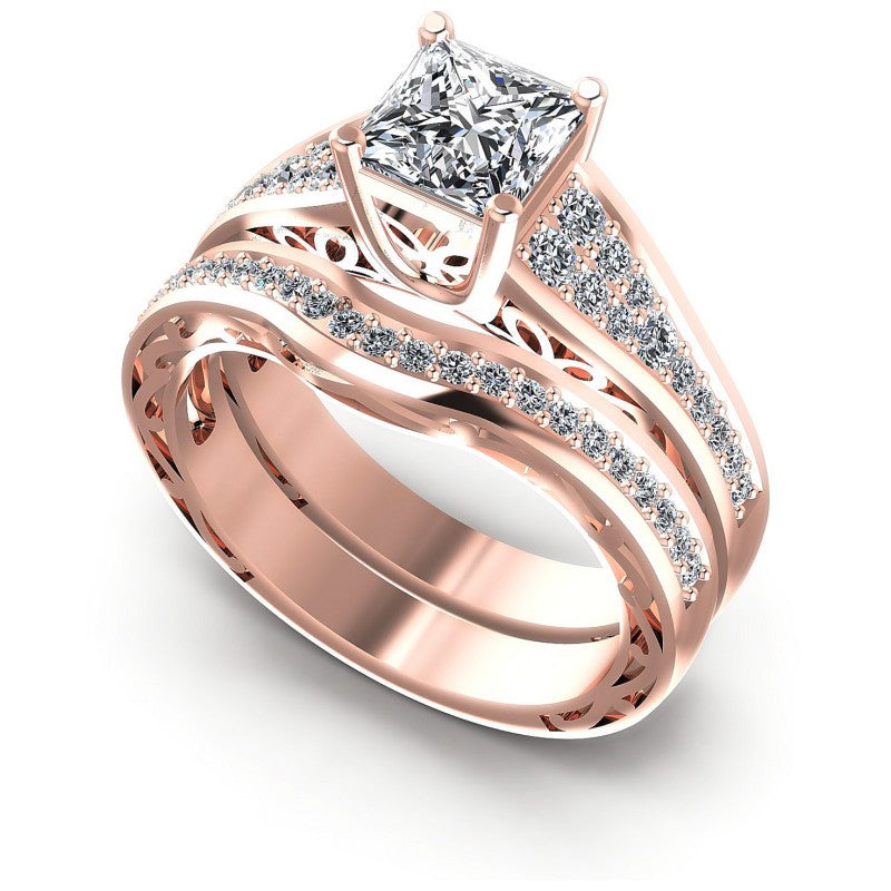 Round And Princess Cut Diamonds Bridal Set in 18KT White Gold