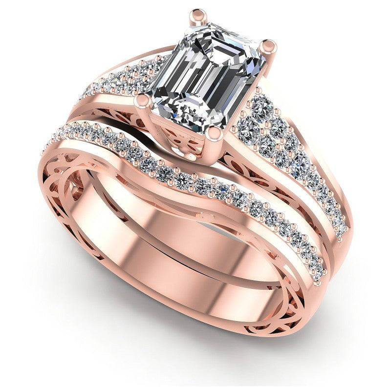 Round And Emerald Cut Diamonds Bridal Set in 18KT White Gold