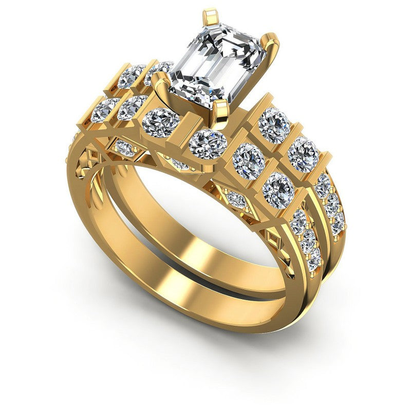 Round And Emerald Cut Diamonds Bridal Set in 14KT White Gold