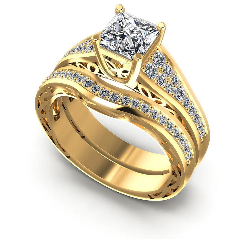 Round And Princess Cut Diamonds Bridal Set in 14KT White Gold