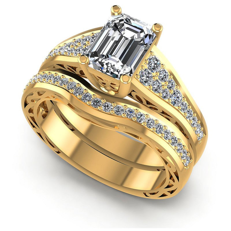 Round And Emerald Cut Diamonds Bridal Set in 14KT White Gold