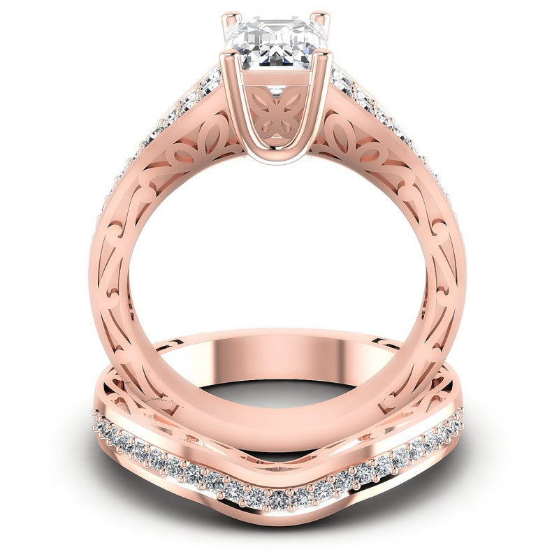 Round And Emerald Cut Diamonds Bridal Set in 18KT Yellow Gold