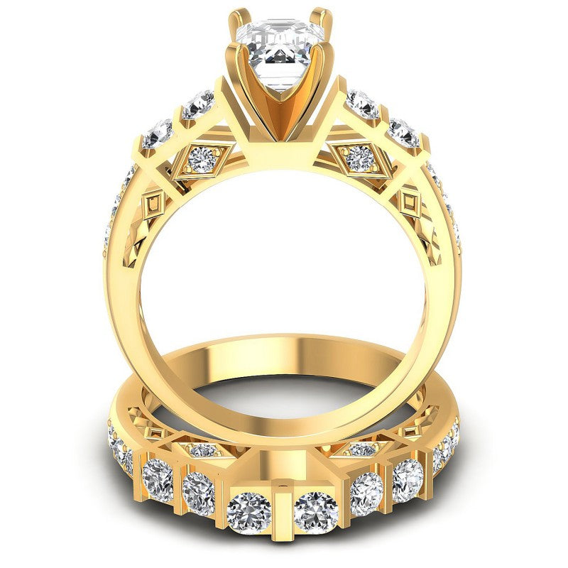 Round And Emerald Cut Diamonds Bridal Set in 14KT Yellow Gold