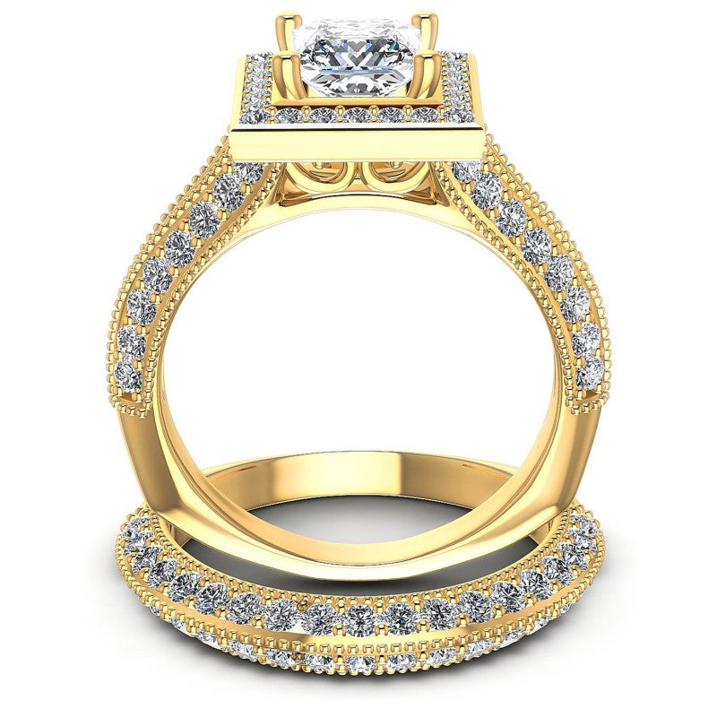 Round And Princess Cut Diamonds Bridal Set in 14KT Yellow Gold