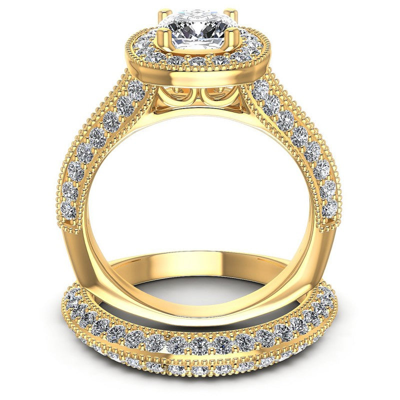 Round And Cushion Cut Diamonds Bridal Set in 14KT Yellow Gold