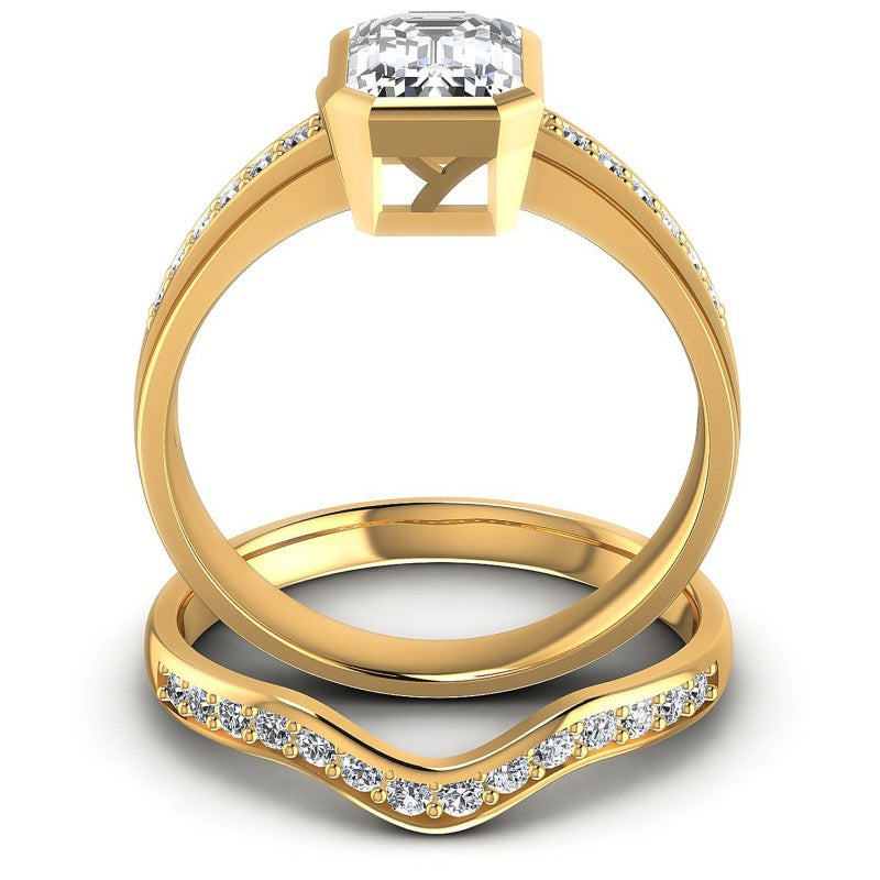 Round And Emerald Cut Diamonds Bridal Set in 14KT Yellow Gold