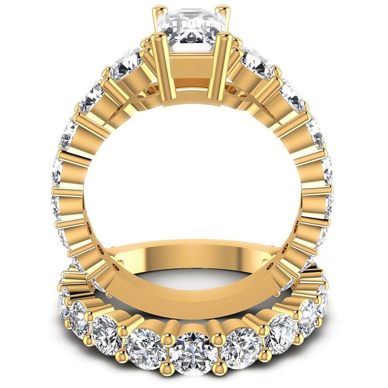 Round And Emerald Cut Diamonds Bridal Set in 14KT Yellow Gold