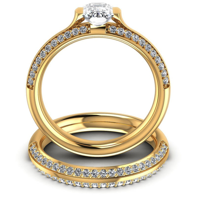 Round And Emerald Cut Diamonds Bridal Set in 14KT Yellow Gold