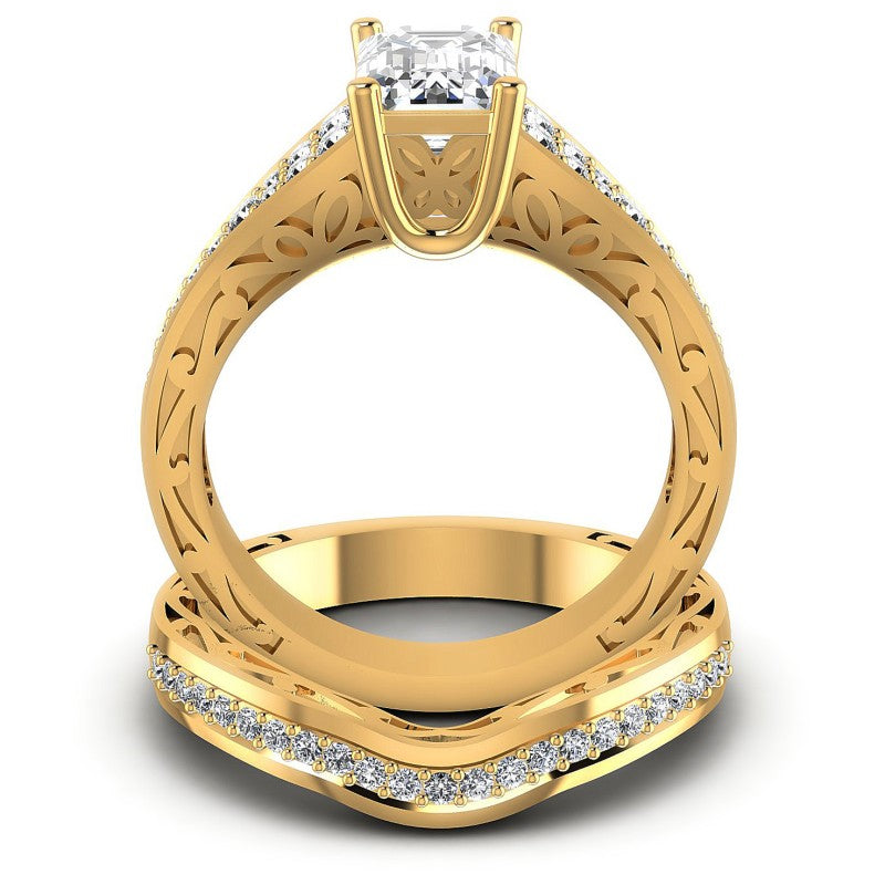 Round And Emerald Cut Diamonds Bridal Set in 14KT Yellow Gold