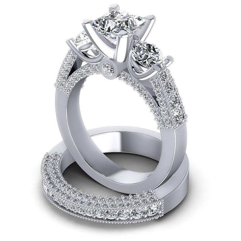 Round And Princess Cut Diamonds Bridal Set in 14KT Rose Gold