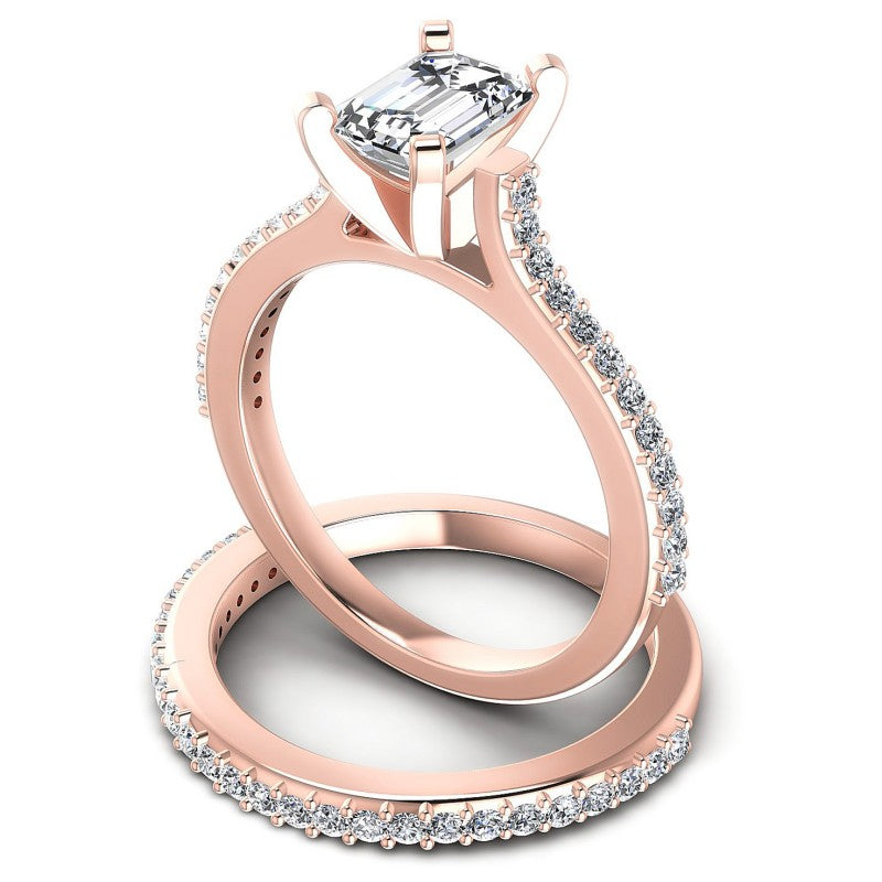 Round And Emerald Cut Diamonds Bridal Set in 18KT Rose Gold
