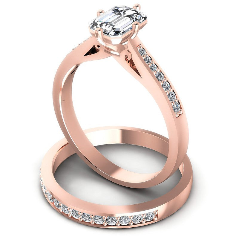 Round And Emerald Cut Diamonds Bridal Set in 18KT Rose Gold