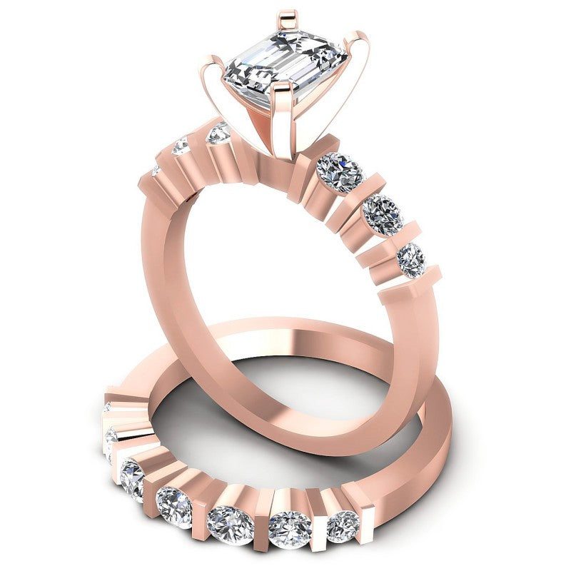 Round And Emerald Cut Diamonds Bridal Set in 18KT Rose Gold
