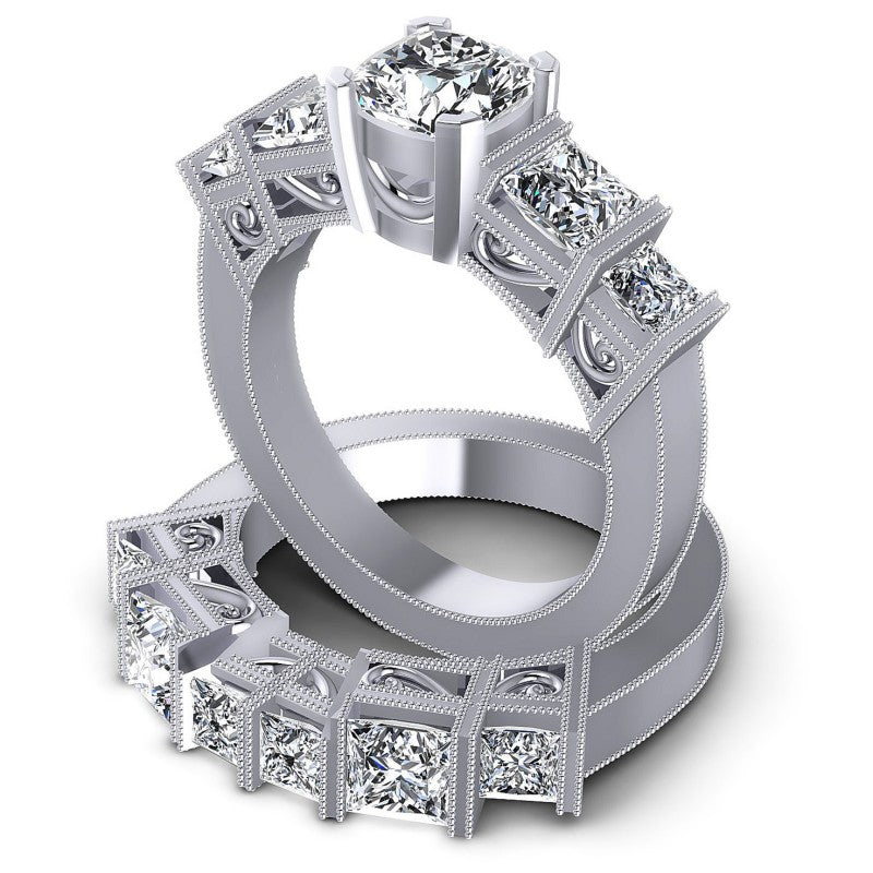 Princess And Cushion Cut Diamonds Bridal Set in 14KT Rose Gold