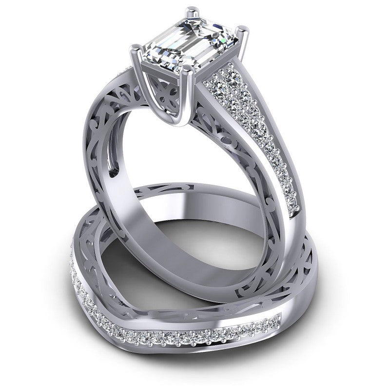 Round And Emerald Cut Diamonds Bridal Set in 14KT Rose Gold