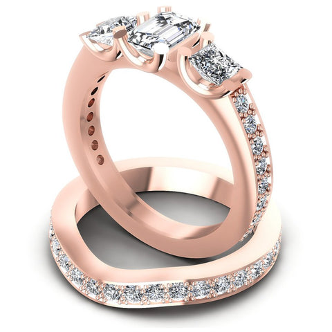 Round And Emerald And Princess Cut Diamonds Bridal Set in 18KT Rose Gold