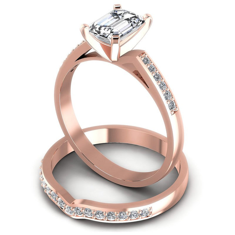 Round And Emerald Cut Diamonds Bridal Set in 18KT Rose Gold